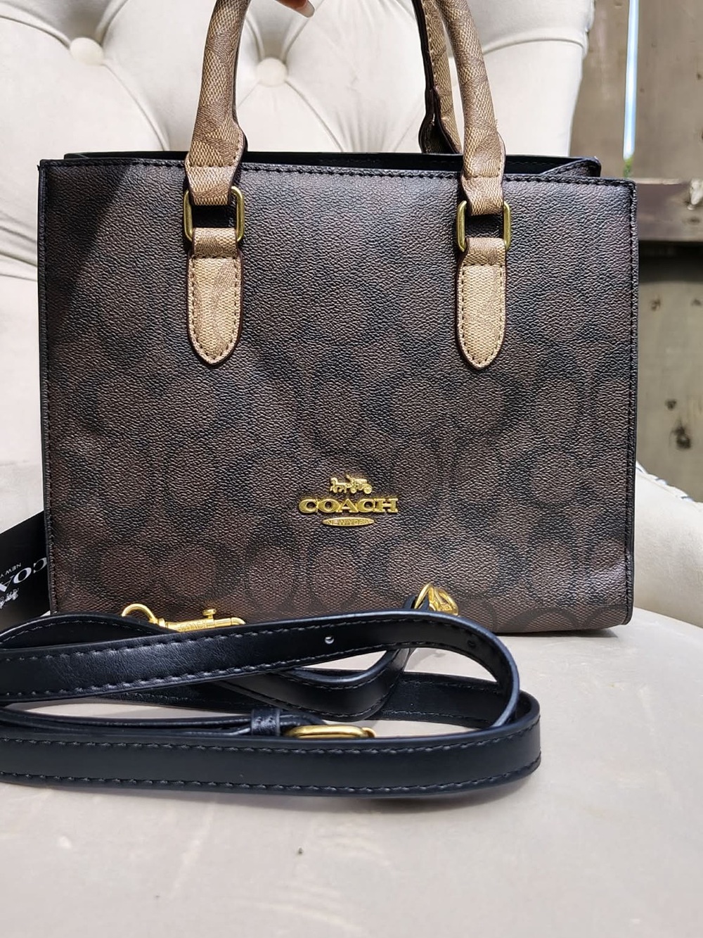 Coach Brown and Black Signature Satchel with Gold Hardware